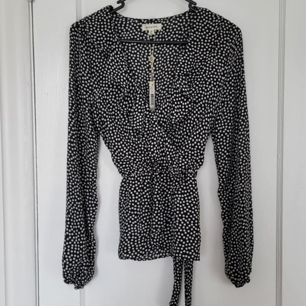 New Black and White Polka Dot Blouse, Long Sleeve Size XS